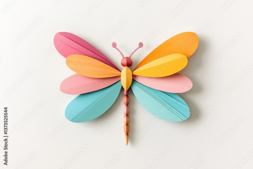 A multicolored paper art dragonfly, isolate on white background, showcasing creative textures and design elements. A multicolored paper art dragonfly, isolate on white background, showcasing creative textures and design elements.