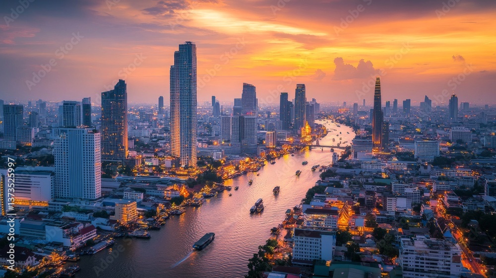 Fototapeta premium Vibrant sunset over chao phraya river bangkok cityscape photography urban environment aerial view travel inspiration