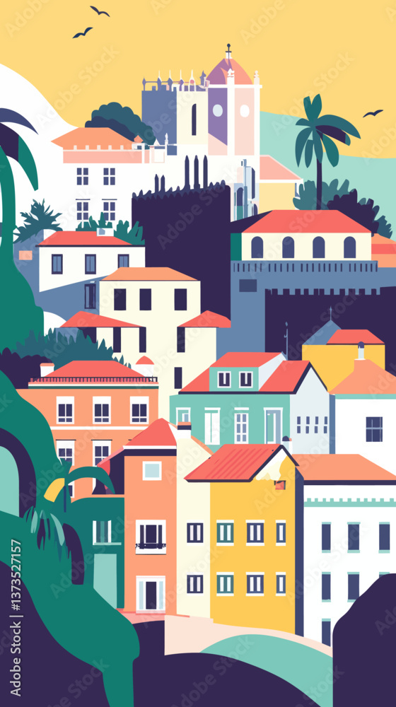 custom made wallpaper toronto digitalLisbon Cityscape Retro Illustration with Landmark and Skyline for Vintage Travel