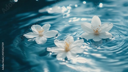 White flowers gracefully float on tranquil blue water surface