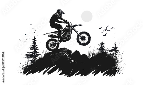Dynamic Motocross Rider Overcoming Obstacles in Black and White Vector Art Illustration
