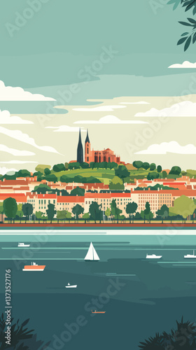 Retro French Tourism Poster with Scenic Toulouse Landscape and Occitanie Theme