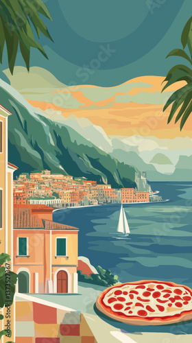 Retro Italy Travel Poster with Mediterranean Coastline and Pizza Illustration