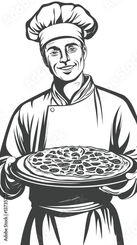 Chef Holding Pizza Black and White Vector in Minimalist Engraving Style