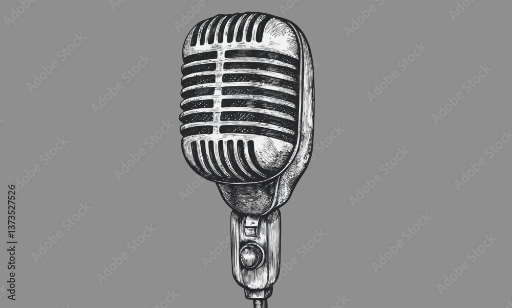 Fototapeta premium Vintage Microphone Hand Drawn Sketch in Minimalist Engraving Style for Retro Music Design