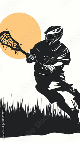 Dynamic Lacrosse Player Silhouette Vector with Stick and Gear in Action