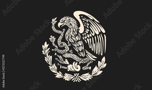 Mexican Coat of Arms Illustration: Eagle Grasping Snake, Minimalist Black and White Vector