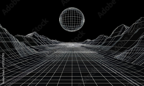 Retro Futuristic Y2K Cyberpunk Vector with Perspective Grid and Wireframe Sphere