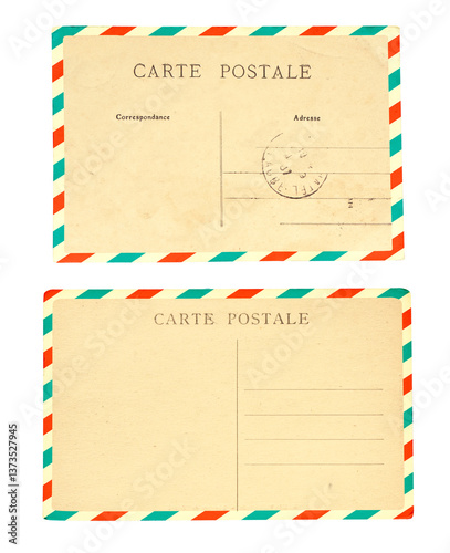 Set of blank vintage postcards with striped edges. Retro blank post card. Isolated on white. Back of card with inscription Carte Postale - postcard in french. Mock up template. Copy space for text