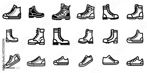 Hiking, army, work boots and sneakers icons set in black outline style on transparent background	