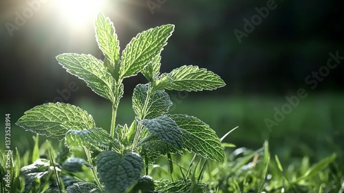 Sunlit Lemon Balm Herb Plant in Meadow  Green Leaves  Nature