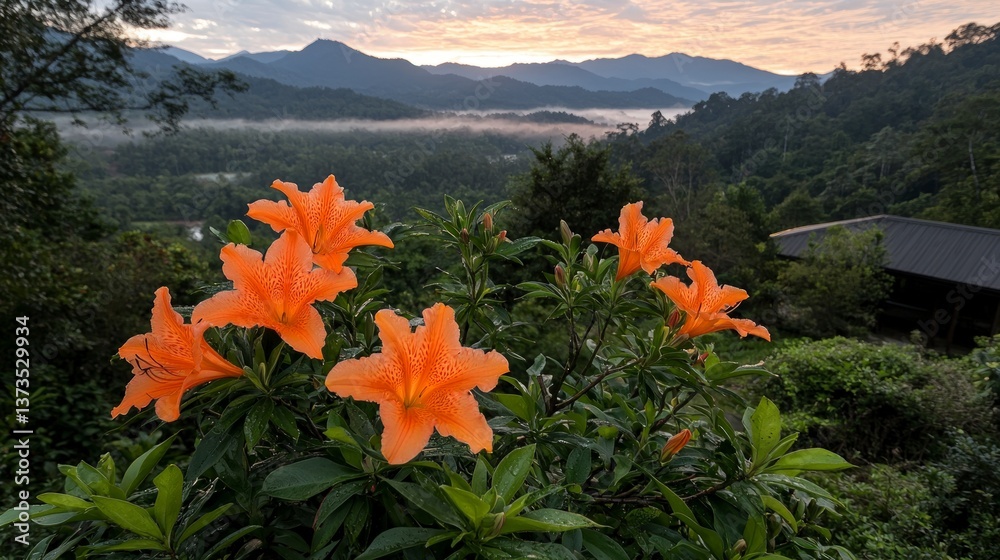 Sunrise Lilies Mountain Landscape Orange Flowers Dawn