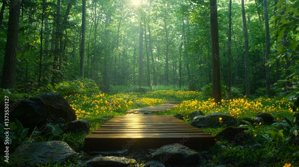 Serene Forest Path Wooden Walkway Yellow Flowers Lush Greenery Tranquil Nature Scene