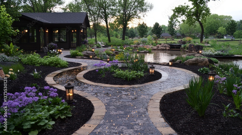 Serene Garden Path with Evening Lights Pond Landscaping