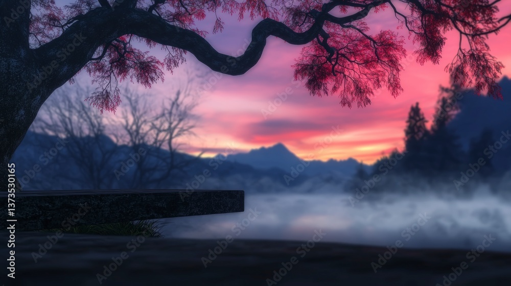 Serene Sunset Landscape Misty Mountains Pink Tree Branches Tranquil Scene