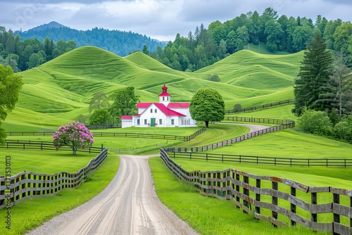 Scenic Countryside View Featuring a White House With a Red Roof Surrounded by Rolling Green Hills and Wooden Fences