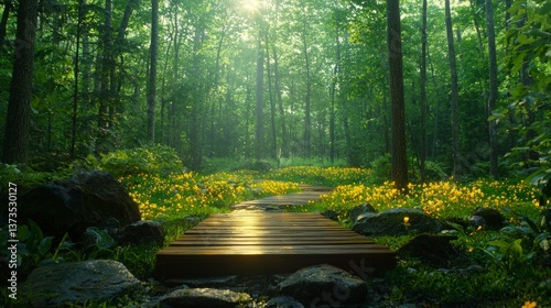 Obraz na płótnie Serene Forest Path Wooden Walkway Yellow Flowers Lush Greenery Tranquil Nature Scene w salonie