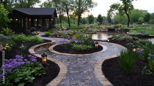 Obraz na płótnie Serene Garden Path with Evening Lights Pond Landscaping w salonie