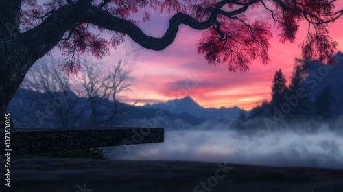 Obraz na płótnie Serene Sunset Landscape Misty Mountains Pink Tree Branches Tranquil Scene w salonie