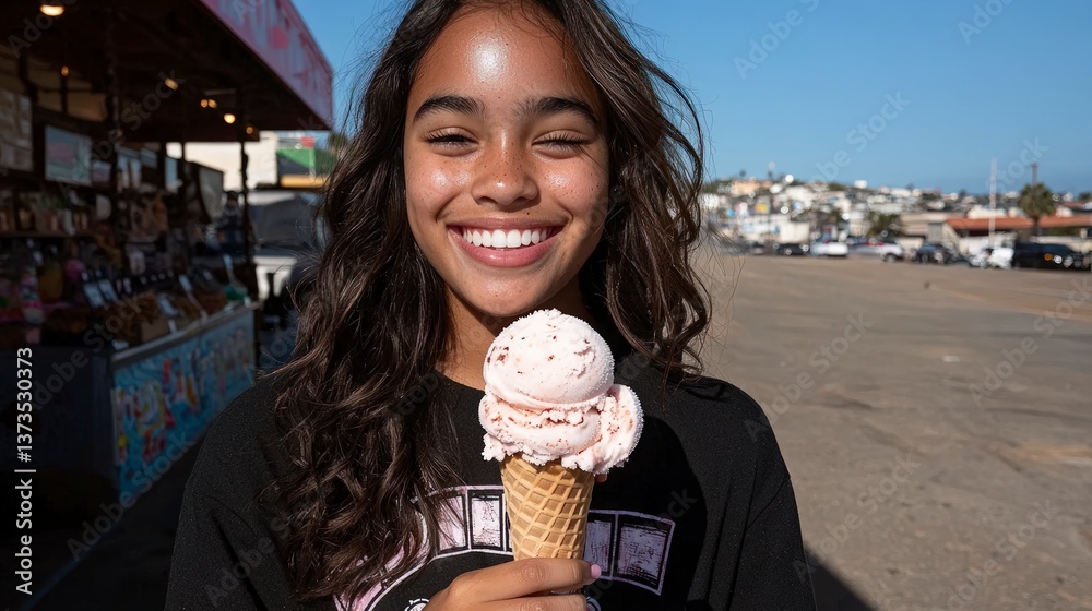 Happy Woman Eating Ice Cream Cone Summer City Street Scene