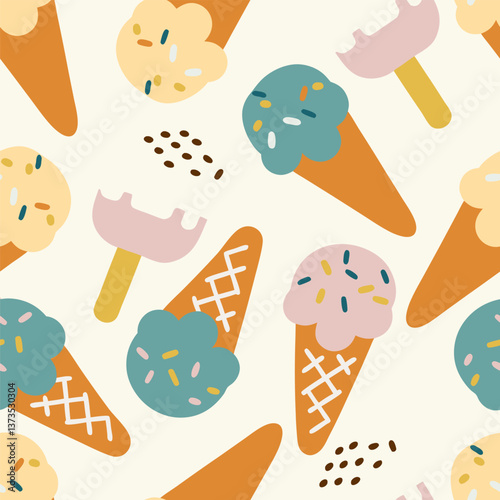 Ice cream cones and sprinkles Seamless pattern background ideal for wrapping paper, fabric, textile etc.