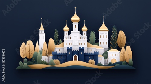 Obraz na płótnie Majestic Medieval Castle Golden Spired App Icon Fairytale Kingdom Fantasy Landscape w salonie