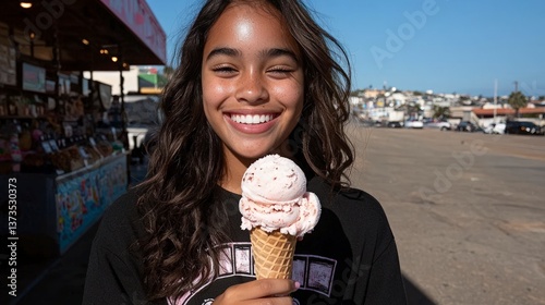 Happy Woman Eating Ice Cream Cone  Summer City Street Scene