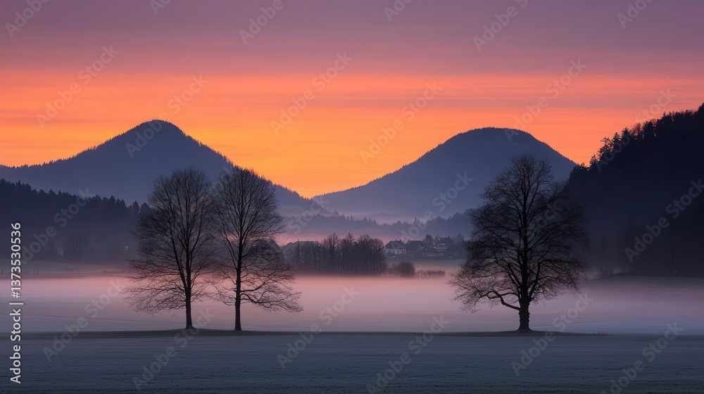 Serene Sunrise Misty Valley Mountains Trees Peaceful Landscape