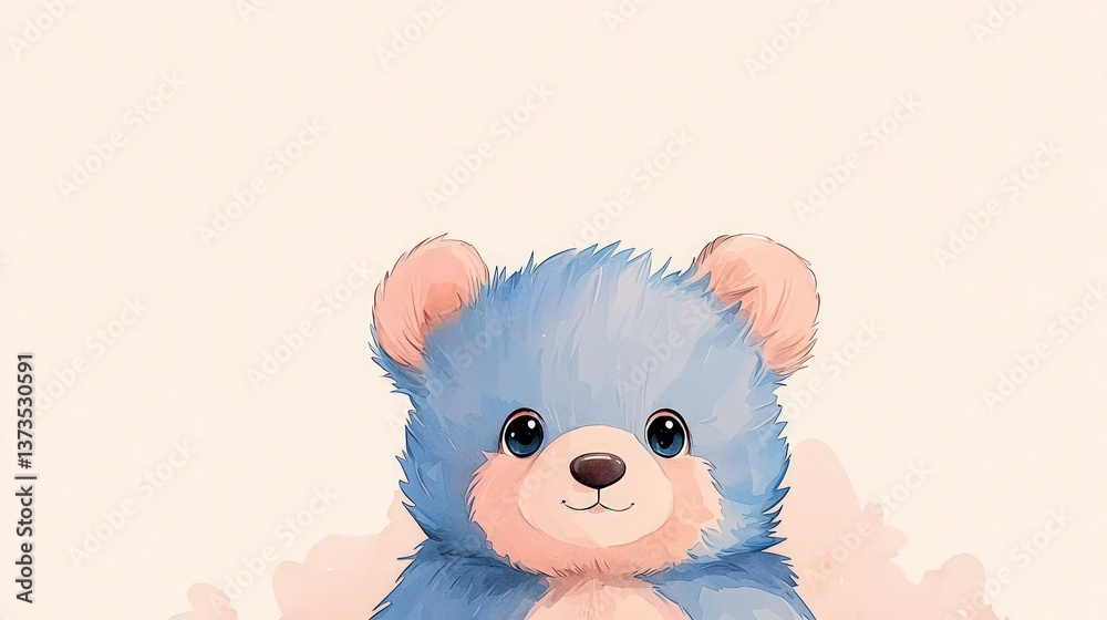 Adorable Blue Teddy Bear Watercolor Illustration Cute Childish Design Soft Pastel Colors