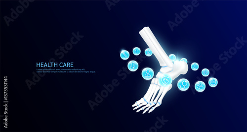 Ankle anatomy with medical icon sign symbol inside glowing ball surrounded. Human organ on dark blue background. Medical science health care concept. Banner Vector.