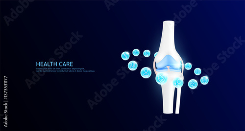 Knee joint anatomy with medical icon sign symbol inside glowing ball surrounded. Human organ on dark blue background. Medical science health care concept. Banner Vector.
