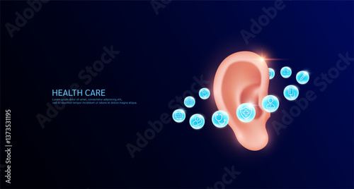 Ear anatomy with medical icon sign symbol inside glowing ball surrounded. Human organ on dark blue background. Medical science health care concept. Banner Vector.