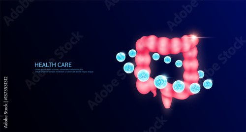 Intestine anatomy with medical icon sign symbol inside glowing ball surrounded. Human organ on dark blue background. Medical science health care concept. Banner Vector.