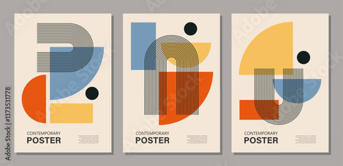 Set of minimal 20s geometric design poster, vector template with primitive shapes elements