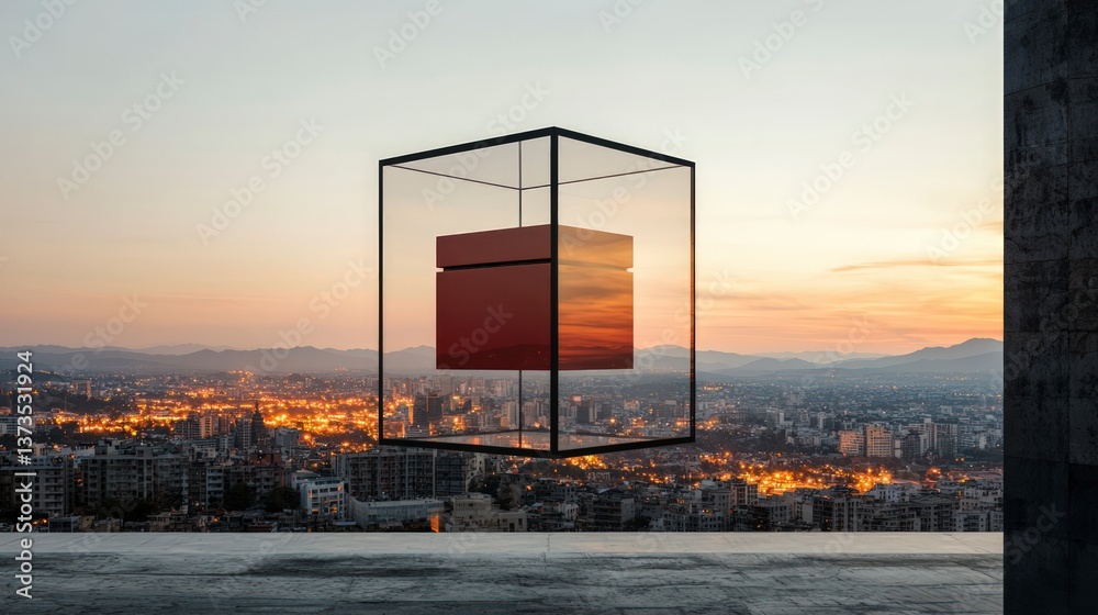 Futuristic Healthcare Innovation Red Medical Box over Cityscape at Sunset