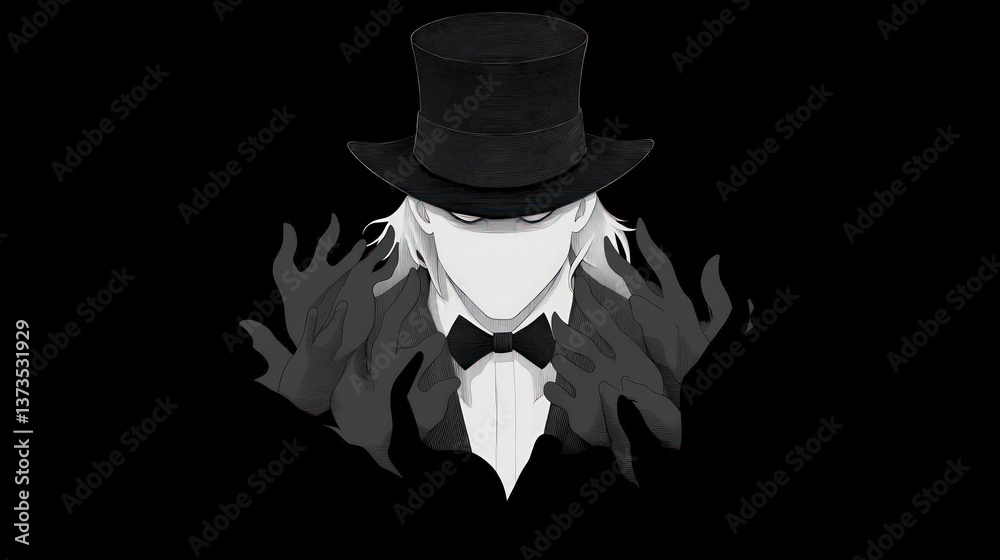 Mysterious Man in Top Hat Hidden Face Sketch Engraving Dark Art Black and White Illust