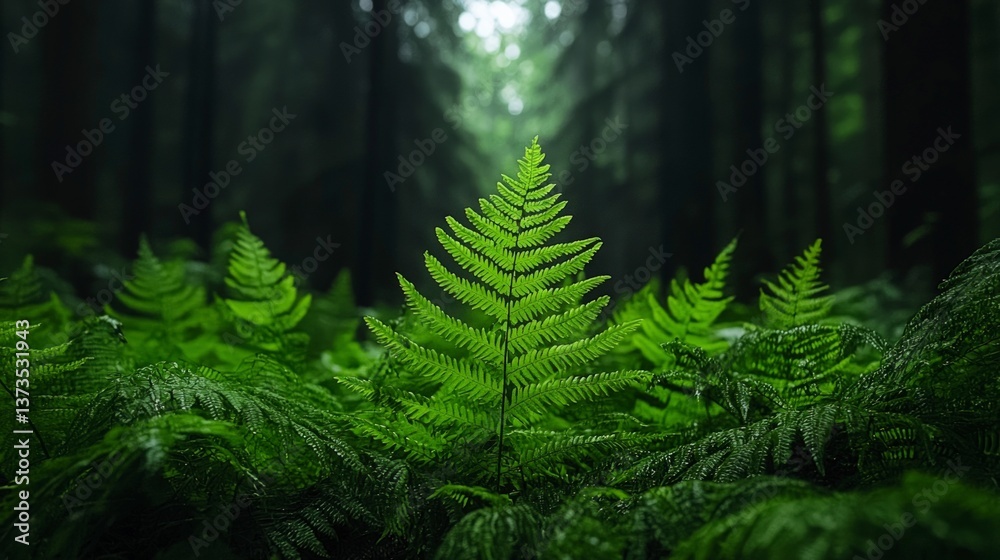 Lush Emerald Fern in Dark Forest Nature Photography