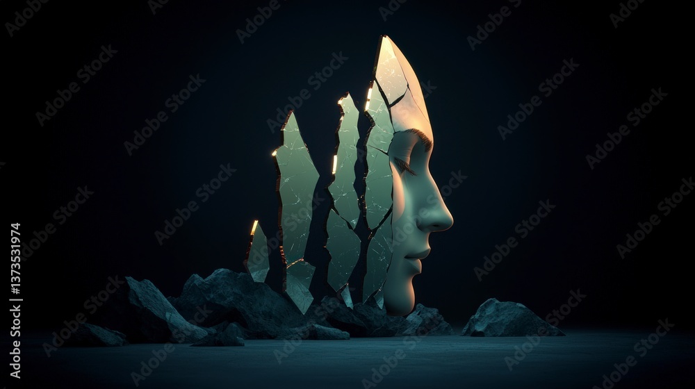 Shattered Face Digital Art Abstract Glowing Fragments Dark Background Profile Rocks
