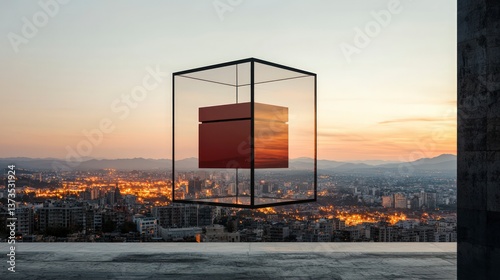 Obraz na płótnie Futuristic Healthcare Innovation Red Medical Box over Cityscape at Sunset w salonie