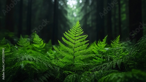 Obraz na płótnie Lush Emerald Fern in Dark Forest Nature Photography w salonie
