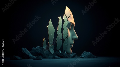 Obraz na płótnie Shattered Face Digital Art Abstract Glowing Fragments Dark Background Profile Rocks w salonie