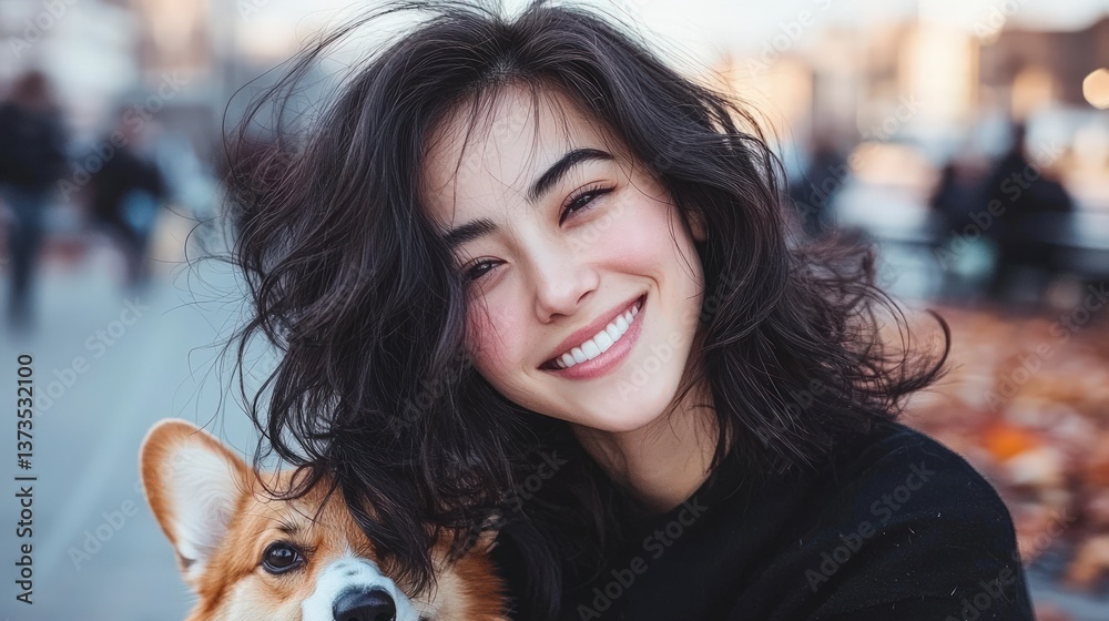 Happy Woman with Corgi Dog in Autumn Park