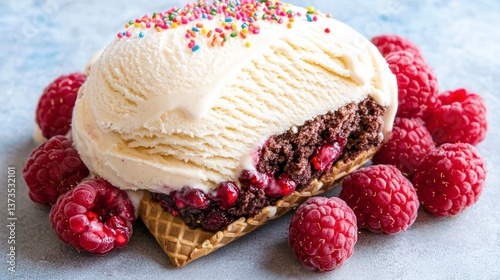 Obraz na płótnie Delicious Vanilla Ice Cream with Raspberries Sprinkles w salonie