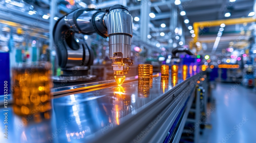 Futuristic Factory Robotic Arm Assembling Components on Conveyor Belt