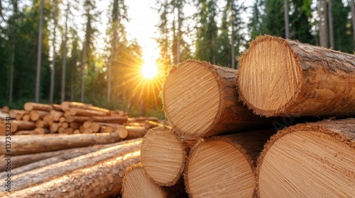 Obraz na płótnie Golden Hour Lumber Forest Logs Wood Timber Nature w salonie