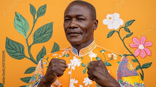 Obraz na płótnie Powerful Man Fists Clenched Floral Shirt African Portrait w salonie