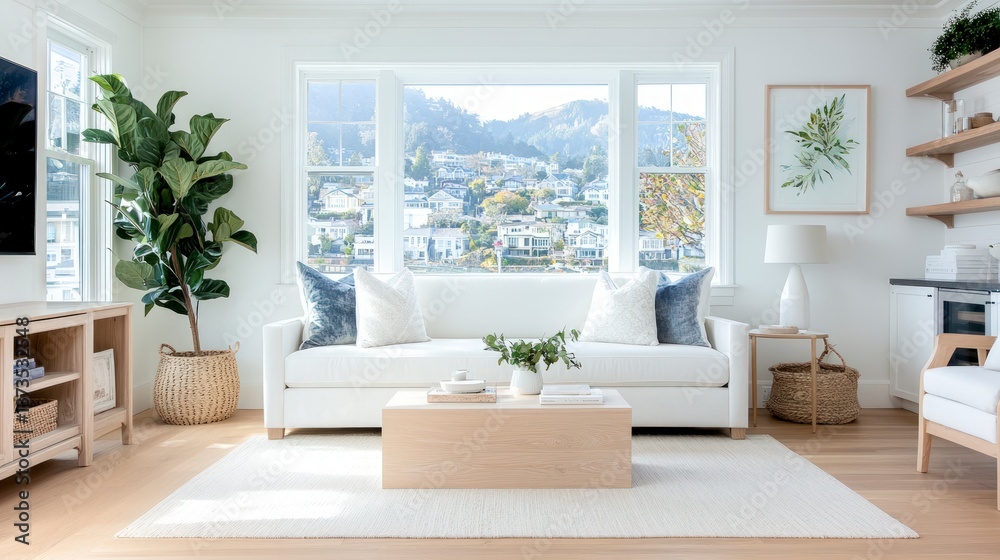 Serene Coastal Living Room Bay Window View White Sofa Plants