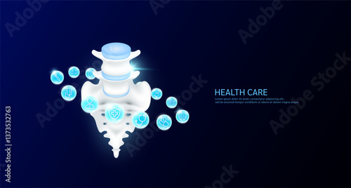 Sacrum anatomy with medical icon sign symbol inside glowing ball surrounded. Human organ on dark blue background. Medical science health care concept. Banner Vector.