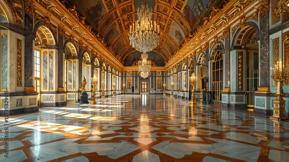 Obraz premium Majestic Palace Interior Grand Hall with Ornate Gold Details and Marble Floor