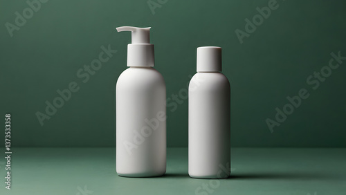 Two white matte bottles for cosmetic products, one with a dispenser, stand on a dark green background
